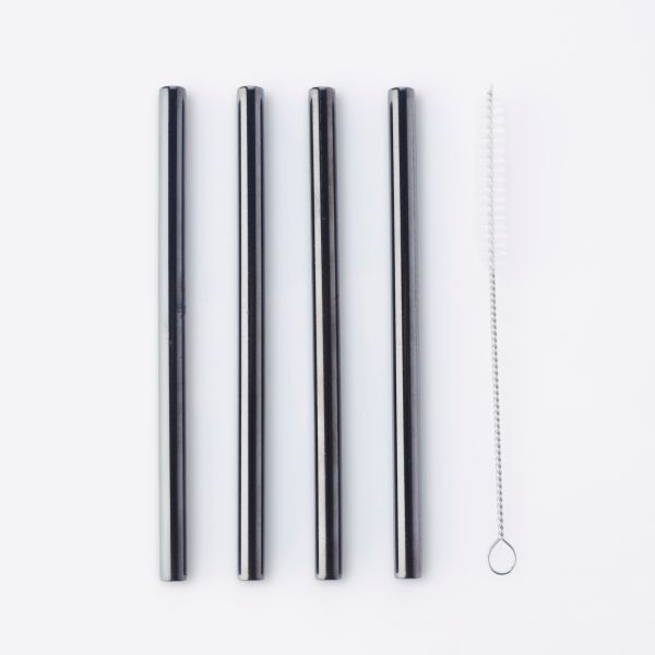 set van 4 korte cocktailrietjes uit rvs zwart met reinigingsborstel 14cm set van 4 korte cocktailrietjes uit rvs zwart met reinigingsborstel 14cm