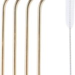 set van 4 cocktailrietjes uit rvs goud met reinigingsborstel 20.5cm