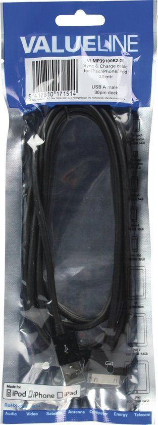 Valueline - Data & Oplaad kabel - 2,00 m - zwart
