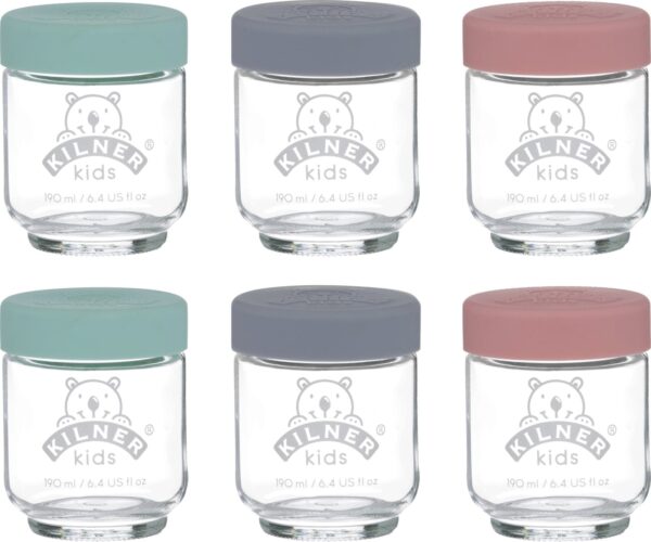 KILNER - Set van 6 bokalen uit glas voor babyvoeding met silicone deksel 190ml KILNER - Set van 6 bokalen uit glas voor babyvoeding met silicone deksel 190ml