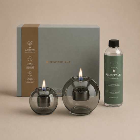 Tenderflame set van 2 kaarsen Globus 10 en 15 uit glas grijs
