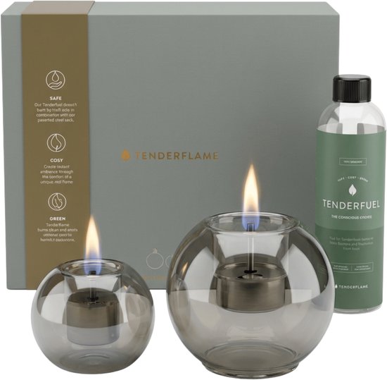 Tenderflame set van 2 kaarsen Globus 10 en 15 uit glas grijs